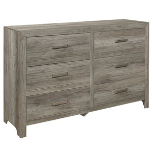 English Elm Rusticated 6-Drawer Weathered Gray Dresser 59.5" Transitional Faux Wood Veneer with Satin Nickel Bars B01191703