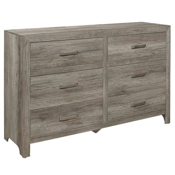 English Elm Rusticated 6-Drawer Weathered Gray Dresser 59.5" Transitional Faux Wood Veneer with Satin Nickel Bars B01191703