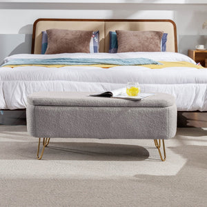 English Elm Grey Faux Fur Storage Bench with Gold Legs Plush Upholstered Seat for Bedroom W117082033
