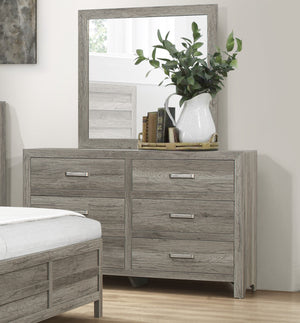 English Elm Rusticated 6-Drawer Weathered Gray Dresser 59.5" Transitional Faux Wood Veneer with Satin Nickel Bars B01191703