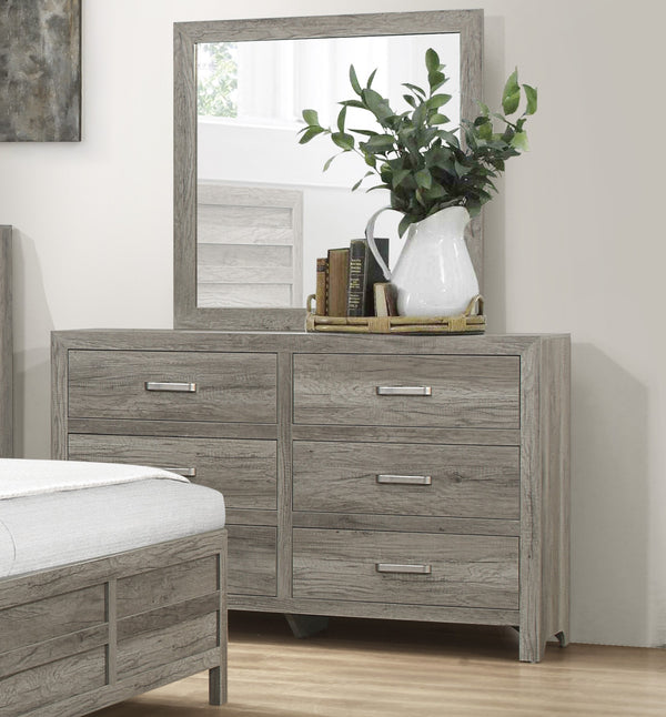 English Elm Rusticated 6-Drawer Weathered Gray Dresser 59.5" Transitional Faux Wood Veneer with Satin Nickel Bars B01191703
