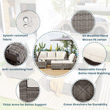 Hearth and Haven 6 Piece Outdoor Sofa Set with PE Wicker Rattan Sofa, 2 Corner Chairs, 2 Single Chairs, Ottoman and Storage Table, Beige