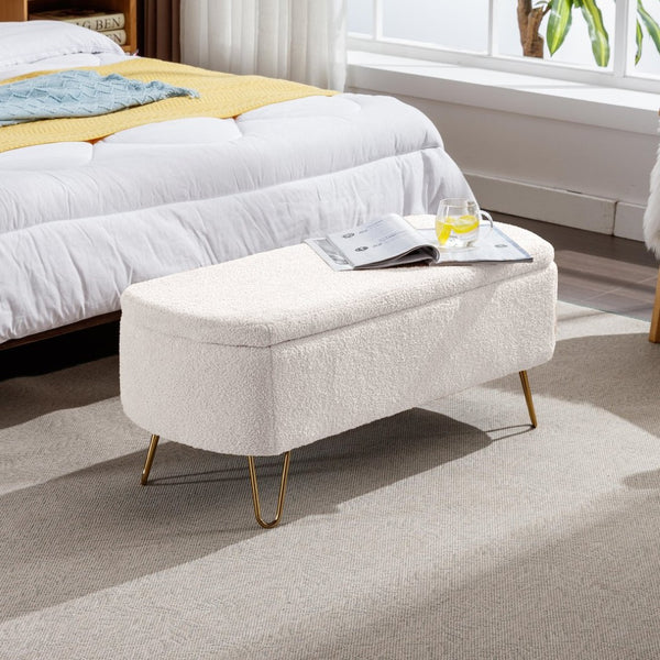 English Elm Grey Faux Fur Storage Bench with Gold Legs Plush Upholstered Seat for Bedroom Ivory W117082032