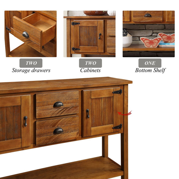 English Elm 46'' Solid Pine Retro Buffet Server with Iron Hardware Drawers Cabinets and Open Shelf Brown W1202P457251