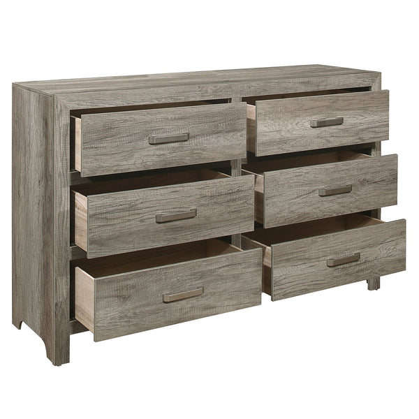 English Elm Rusticated 6-Drawer Weathered Gray Dresser 59.5" Transitional Faux Wood Veneer with Satin Nickel Bars B01191703