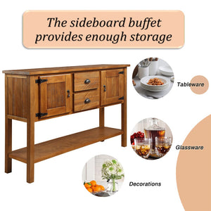 English Elm 46'' Solid Pine Retro Buffet Server with Iron Hardware Drawers Cabinets and Open Shelf Brown W1202P457251