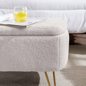 English Elm Grey Faux Fur Storage Bench with Gold Legs Plush Upholstered Seat for Bedroom Ivory W117082032