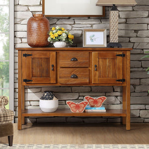 English Elm 46'' Solid Pine Retro Buffet Server with Iron Hardware Drawers Cabinets and Open Shelf Brown W1202P457251