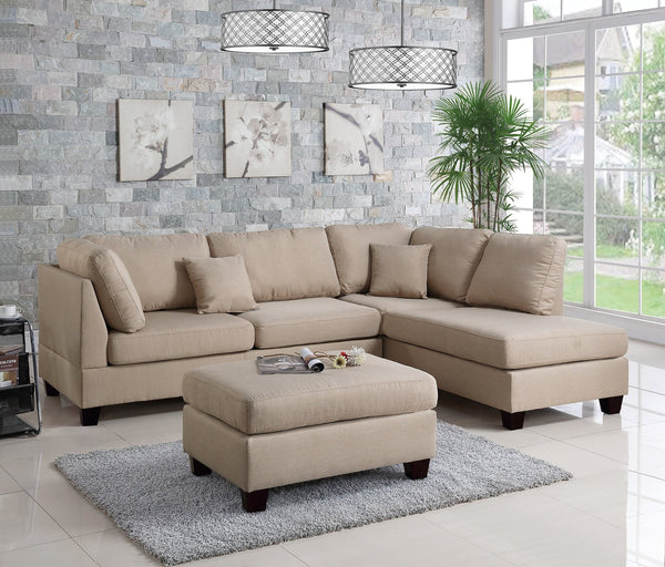 English Elm Sand 3-Piece Reversible Chaise Sectional Sofa with Ottoman — Linen-Like Sand Fabric, Plush Cushions B011S00308