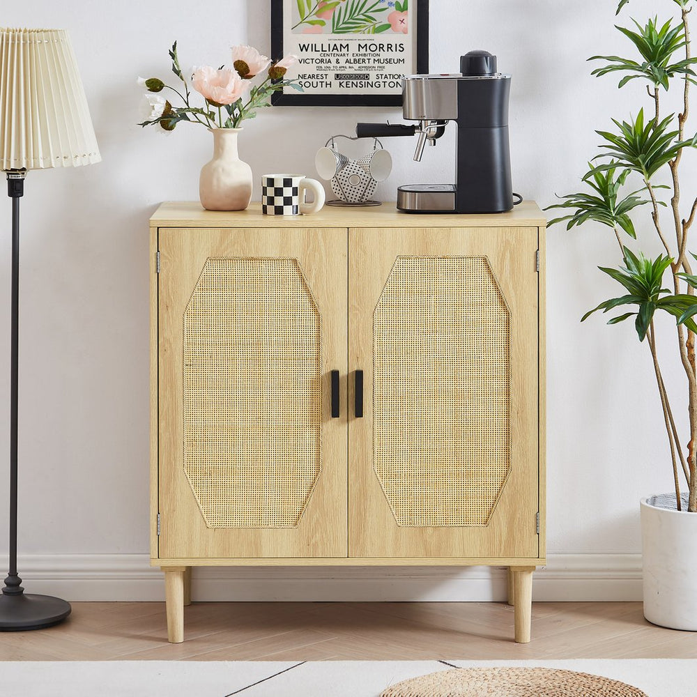 English Elm Kitchen Natural Rattan Door Storage Cabinet Buffet Console with Wine Shelf, 31.5" W x15.8" D x34.6" H, 150LB Top Capacity W1162127385