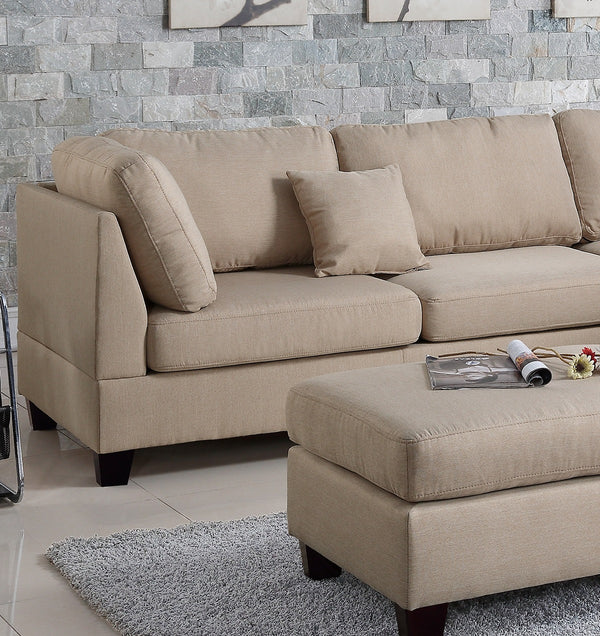 English Elm Sand 3-Piece Reversible Chaise Sectional Sofa with Ottoman — Linen-Like Sand Fabric, Plush Cushions B011S00308