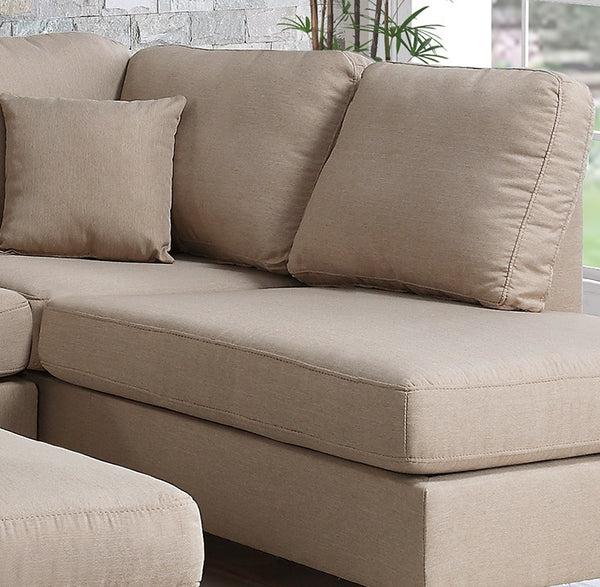 English Elm Sand 3-Piece Reversible Chaise Sectional Sofa with Ottoman — Linen-Like Sand Fabric, Plush Cushions B011S00308