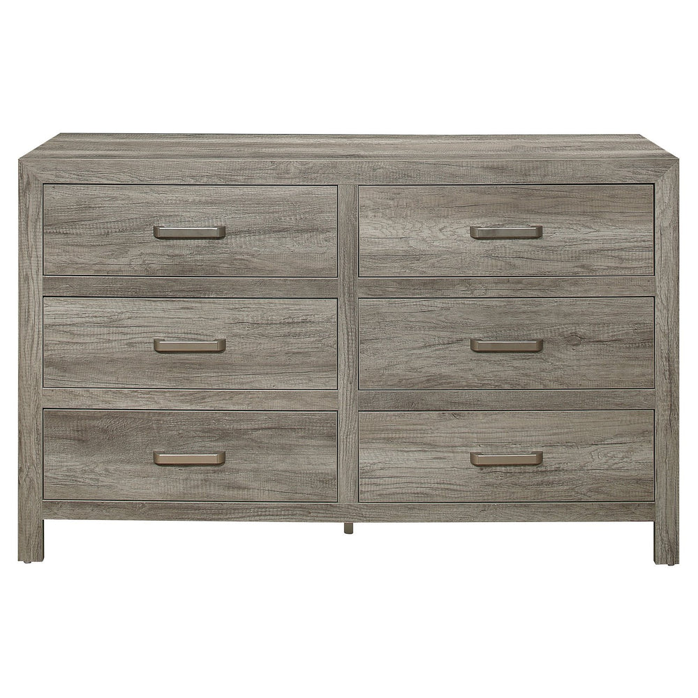 English Elm Rusticated 6-Drawer Weathered Gray Dresser 59.5" Transitional Faux Wood Veneer with Satin Nickel Bars B01191703