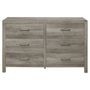 English Elm Rusticated 6-Drawer Weathered Gray Dresser 59.5" Transitional Faux Wood Veneer with Satin Nickel Bars B01191703