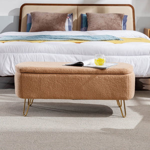 English Elm Grey Faux Fur Storage Bench with Gold Legs Plush Upholstered Seat for Bedroom Camel W117082031