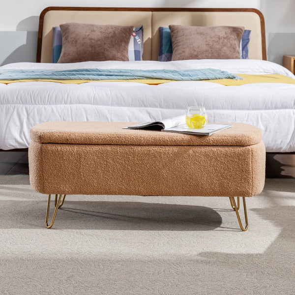 English Elm Grey Faux Fur Storage Bench with Gold Legs Plush Upholstered Seat for Bedroom Camel W117082031