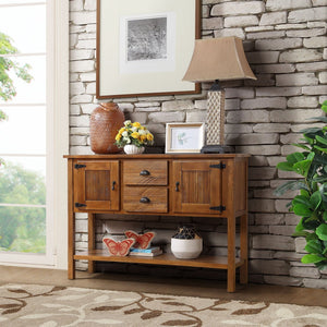 English Elm 46'' Solid Pine Retro Buffet Server with Iron Hardware Drawers Cabinets and Open Shelf Brown W1202P457251