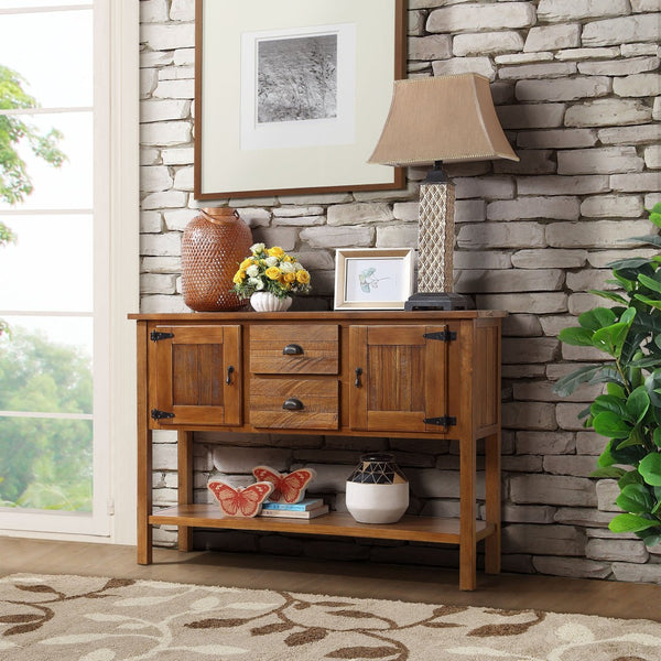 English Elm 46'' Solid Pine Retro Buffet Server with Iron Hardware Drawers Cabinets and Open Shelf Brown W1202P457251
