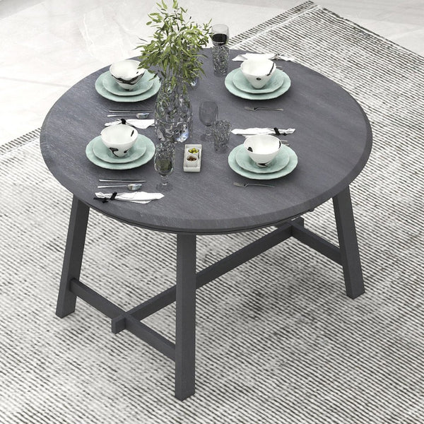 English Elm Trexm Extendable Round Dining Table Acacia Veneer Rubberwood Legs Seats up to Six Gray WF299347AAE