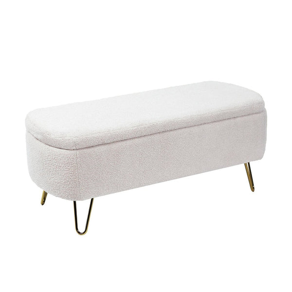 English Elm Grey Faux Fur Storage Bench with Gold Legs Plush Upholstered Seat for Bedroom Ivory W117082032