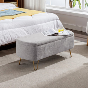 English Elm Grey Faux Fur Storage Bench with Gold Legs Plush Upholstered Seat for Bedroom W117082033