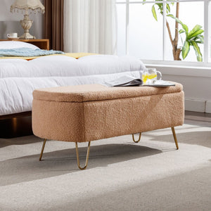 English Elm Grey Faux Fur Storage Bench with Gold Legs Plush Upholstered Seat for Bedroom Camel W117082031