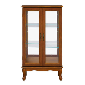 English Elm Curio Cabinet Oak Finish Lighted Display with Tempered Glass Doors and Mirrored Back Black W1693P465378