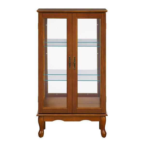 English Elm Curio Cabinet Oak Finish Lighted Display with Tempered Glass Doors and Mirrored Back Black W1693P465378