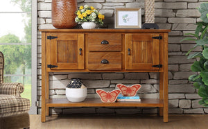English Elm 46'' Solid Pine Retro Buffet Server with Iron Hardware Drawers Cabinets and Open Shelf Brown W1202P457251