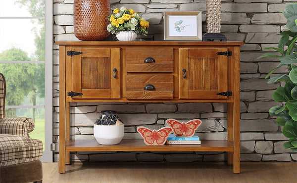 English Elm 46'' Solid Pine Retro Buffet Server with Iron Hardware Drawers Cabinets and Open Shelf Brown W1202P457251