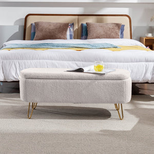 English Elm Grey Faux Fur Storage Bench with Gold Legs Plush Upholstered Seat for Bedroom Ivory W117082032