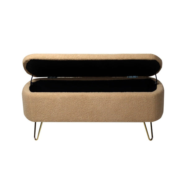 English Elm Grey Faux Fur Storage Bench with Gold Legs Plush Upholstered Seat for Bedroom Camel W117082031