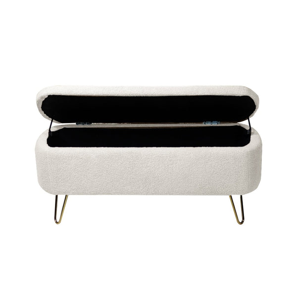 English Elm Grey Faux Fur Storage Bench with Gold Legs Plush Upholstered Seat for Bedroom Ivory W117082032