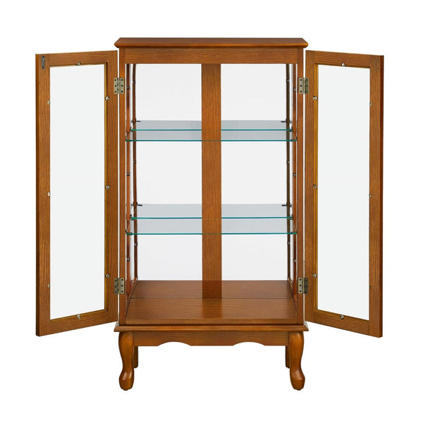 English Elm Curio Cabinet Oak Finish Lighted Display with Tempered Glass Doors and Mirrored Back Black W1693P465378