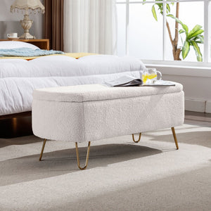 English Elm Grey Faux Fur Storage Bench with Gold Legs Plush Upholstered Seat for Bedroom Ivory W117082032