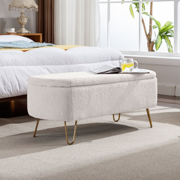 English Elm Grey Faux Fur Storage Bench with Gold Legs Plush Upholstered Seat for Bedroom Ivory W117082032