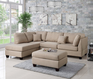 English Elm Sand 3-Piece Reversible Chaise Sectional Sofa with Ottoman — Linen-Like Sand Fabric, Plush Cushions B011S00308
