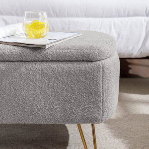 English Elm Grey Faux Fur Storage Bench with Gold Legs Plush Upholstered Seat for Bedroom W117082033