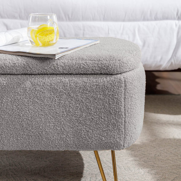 English Elm Grey Faux Fur Storage Bench with Gold Legs Plush Upholstered Seat for Bedroom W117082033
