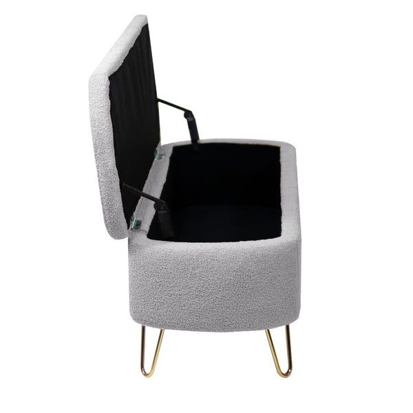 English Elm Grey Faux Fur Storage Bench with Gold Legs Plush Upholstered Seat for Bedroom W117082033