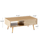 English Elm 41.34" Rattan Coffee Table, Sliding Door For Storage, Solid Wood Legs, Modern Table For Living Room , Natural