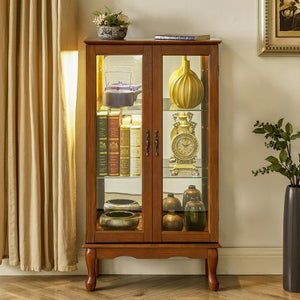 English Elm Curio Cabinet Oak Finish Lighted Display with Tempered Glass Doors and Mirrored Back Black W1693P465378