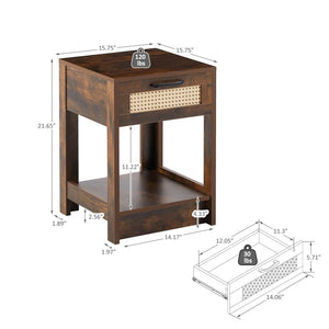 English Elm 15.75" Rattan Weave End Table with Built-in Charging Ports Drawer and Wood Legs W126573109