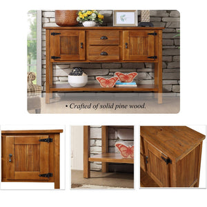 English Elm 46'' Solid Pine Retro Buffet Server with Iron Hardware Drawers Cabinets and Open Shelf Brown W1202P457251