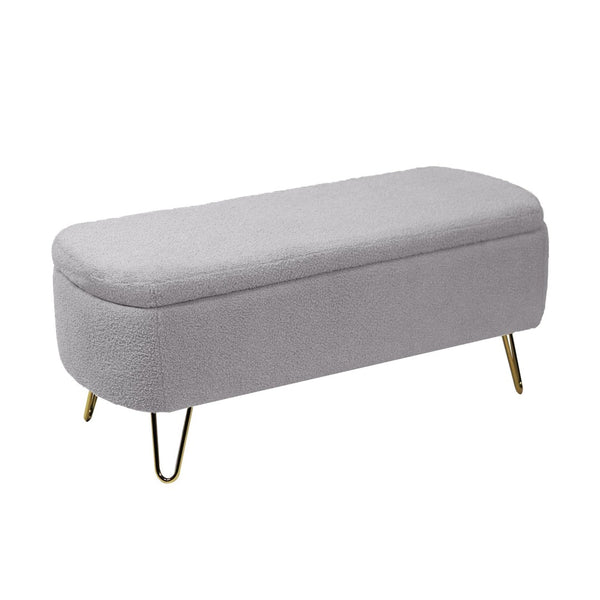 English Elm Grey Faux Fur Storage Bench with Gold Legs Plush Upholstered Seat for Bedroom W117082033