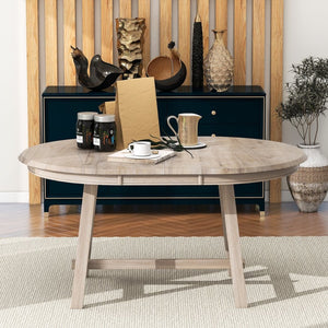 English Elm Trexm Extendable Round Dining Table Acacia Veneer Rubberwood Legs Seats up to Six Natural Wood Wash WF299347AAD