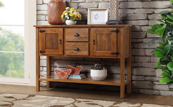 English Elm 46'' Solid Pine Retro Buffet Server with Iron Hardware Drawers Cabinets and Open Shelf Brown W1202P457251