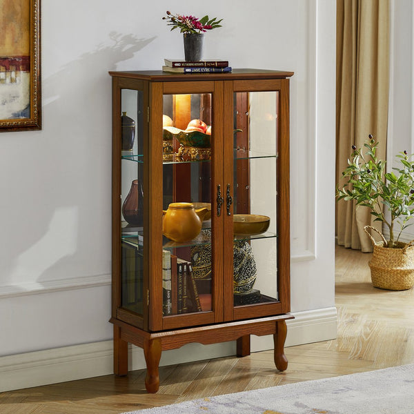 English Elm Curio Oak Lighted Display Cabinet with Mirrored Back, Tempered Glass Shelves, 43.5"H, Classic Style W169391690