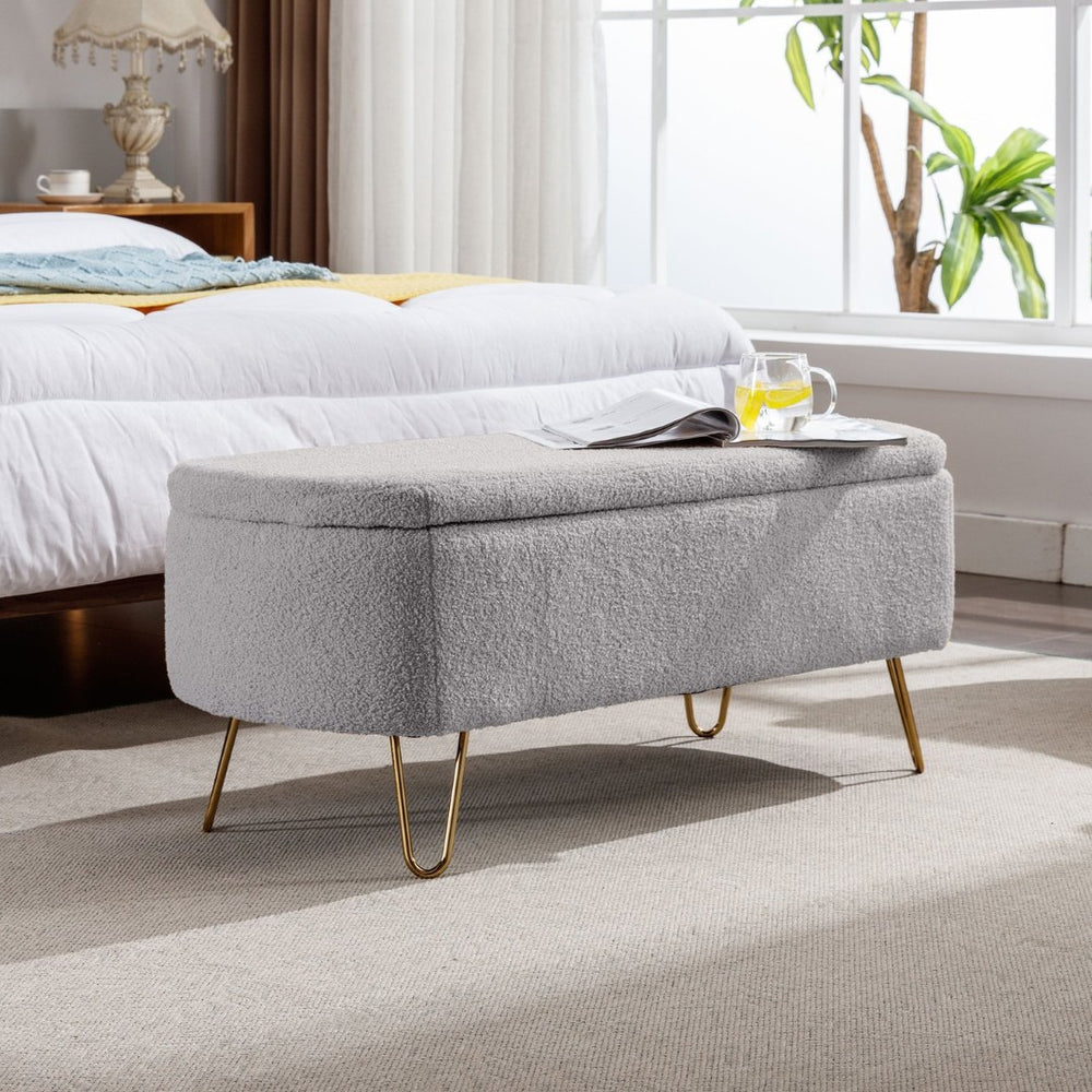 English Elm Grey Faux Fur Storage Bench with Gold Legs Plush Upholstered Seat for Bedroom W117082033