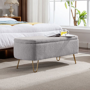 English Elm Grey Faux Fur Storage Bench with Gold Legs Plush Upholstered Seat for Bedroom W117082033